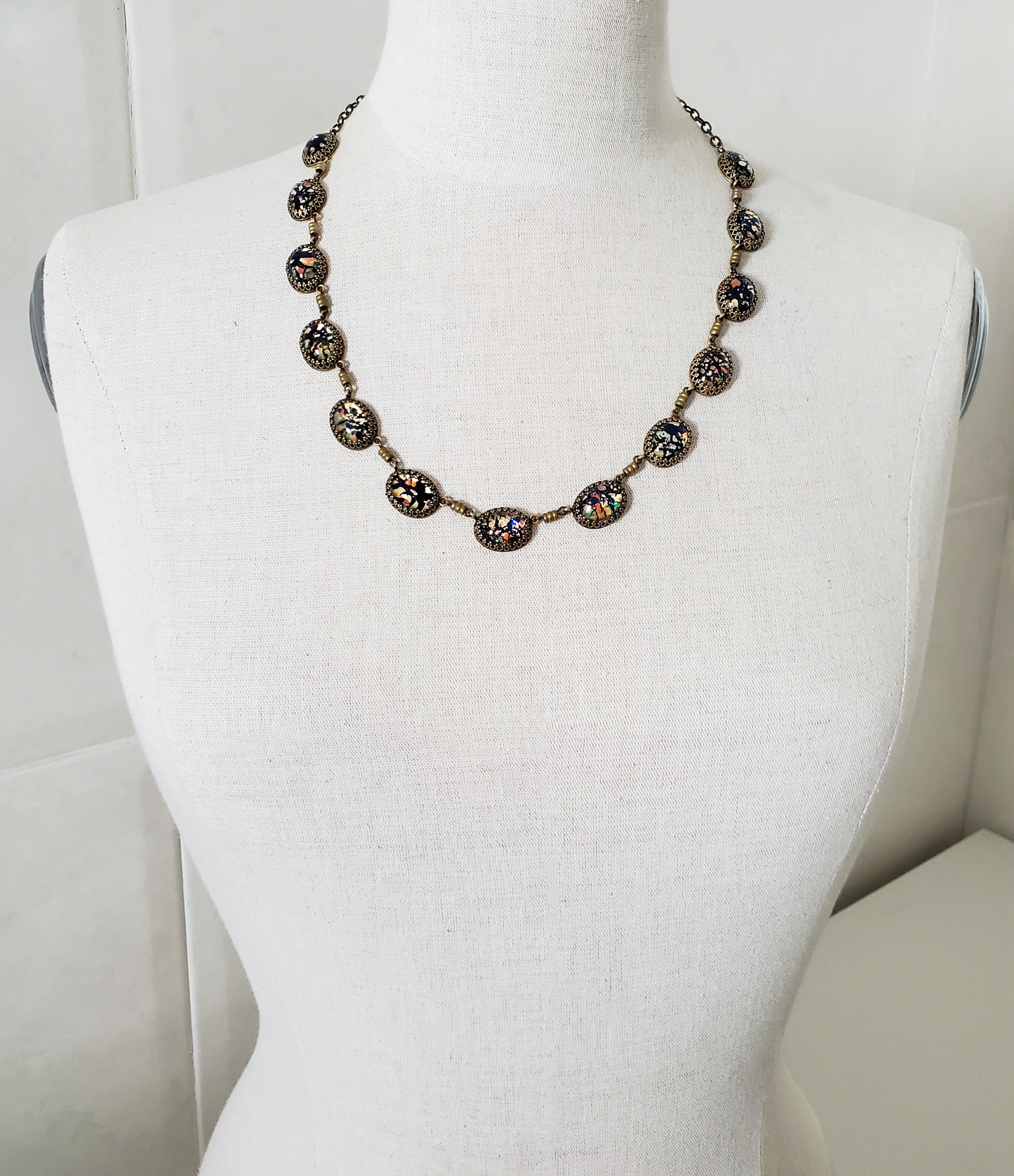 Czech Glass Black Fire Opal Crown Necklace
