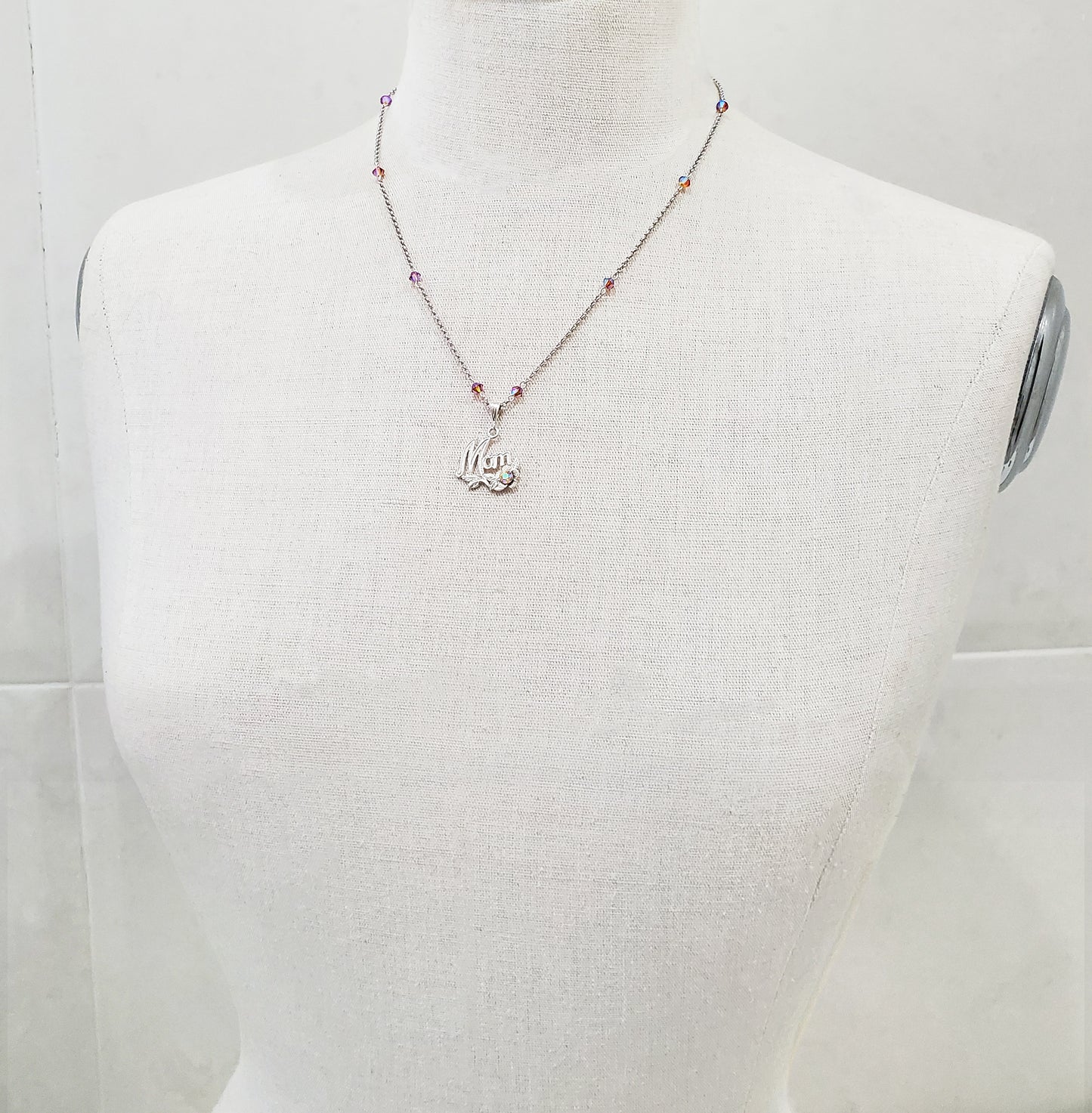 Sterling Silver Crystal Mom Pendant