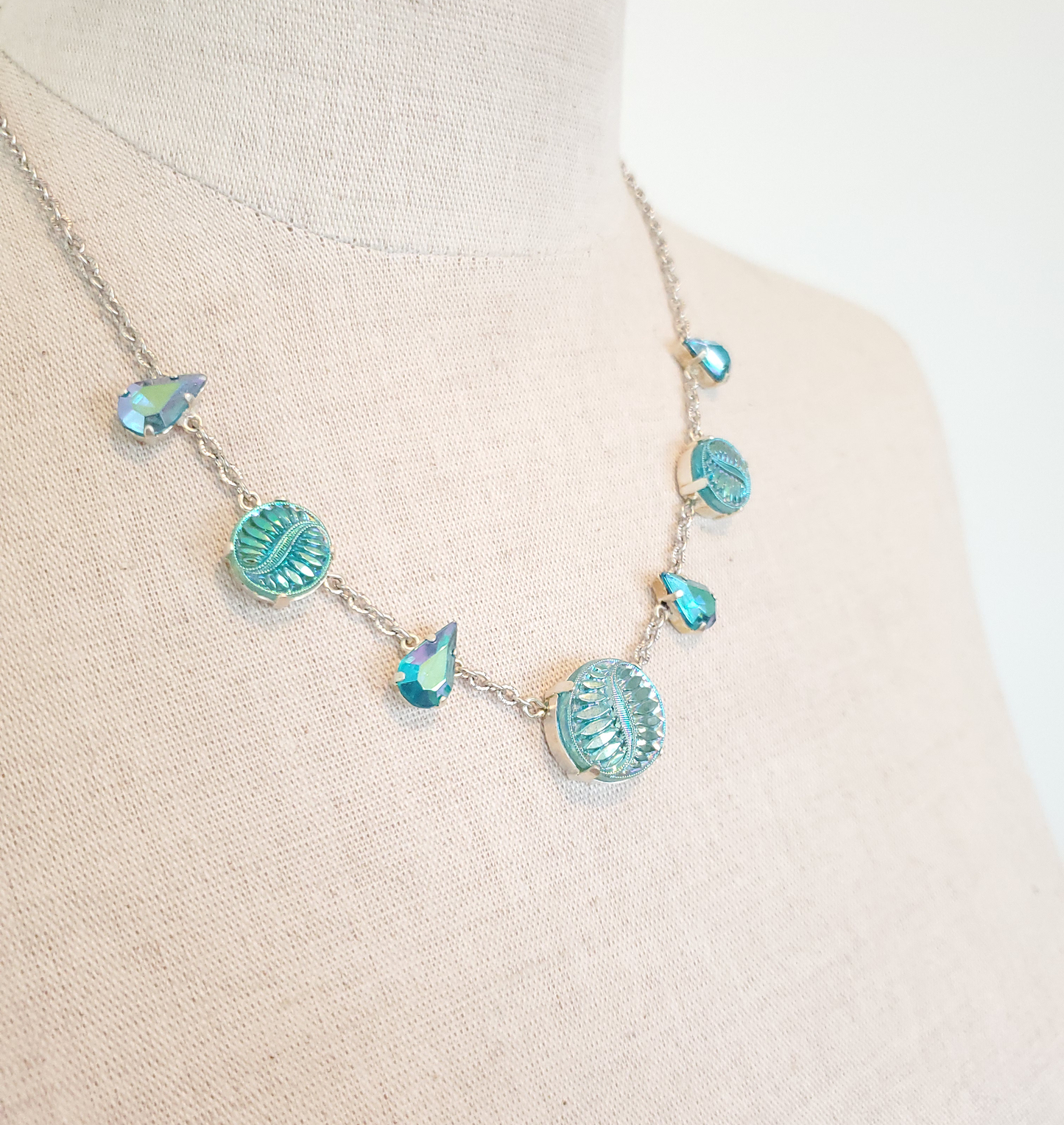 Iridescent Aqua Necklace with Teardrops