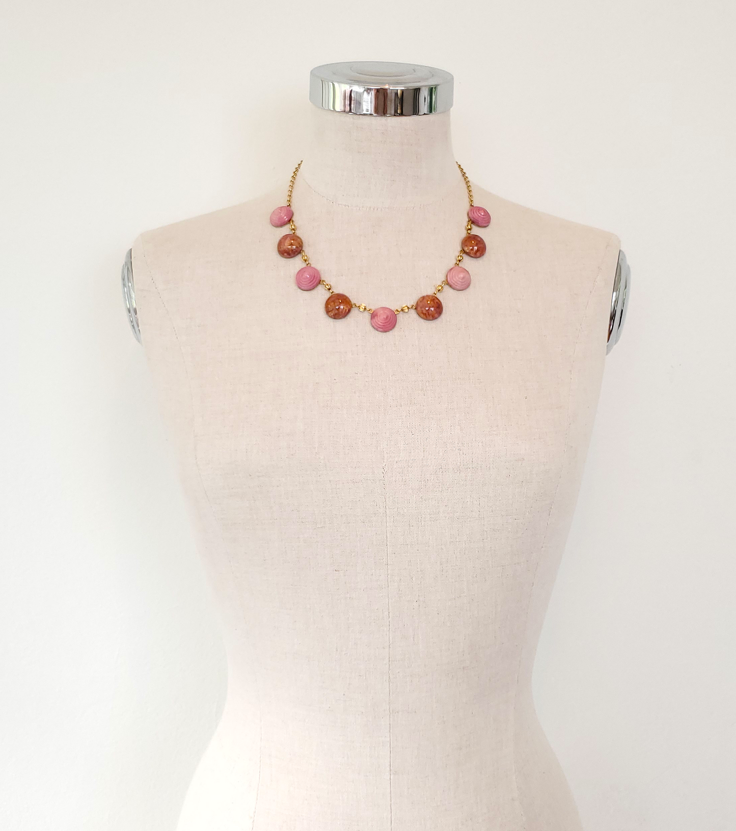 Pink Bullseye & Goldstone Necklace