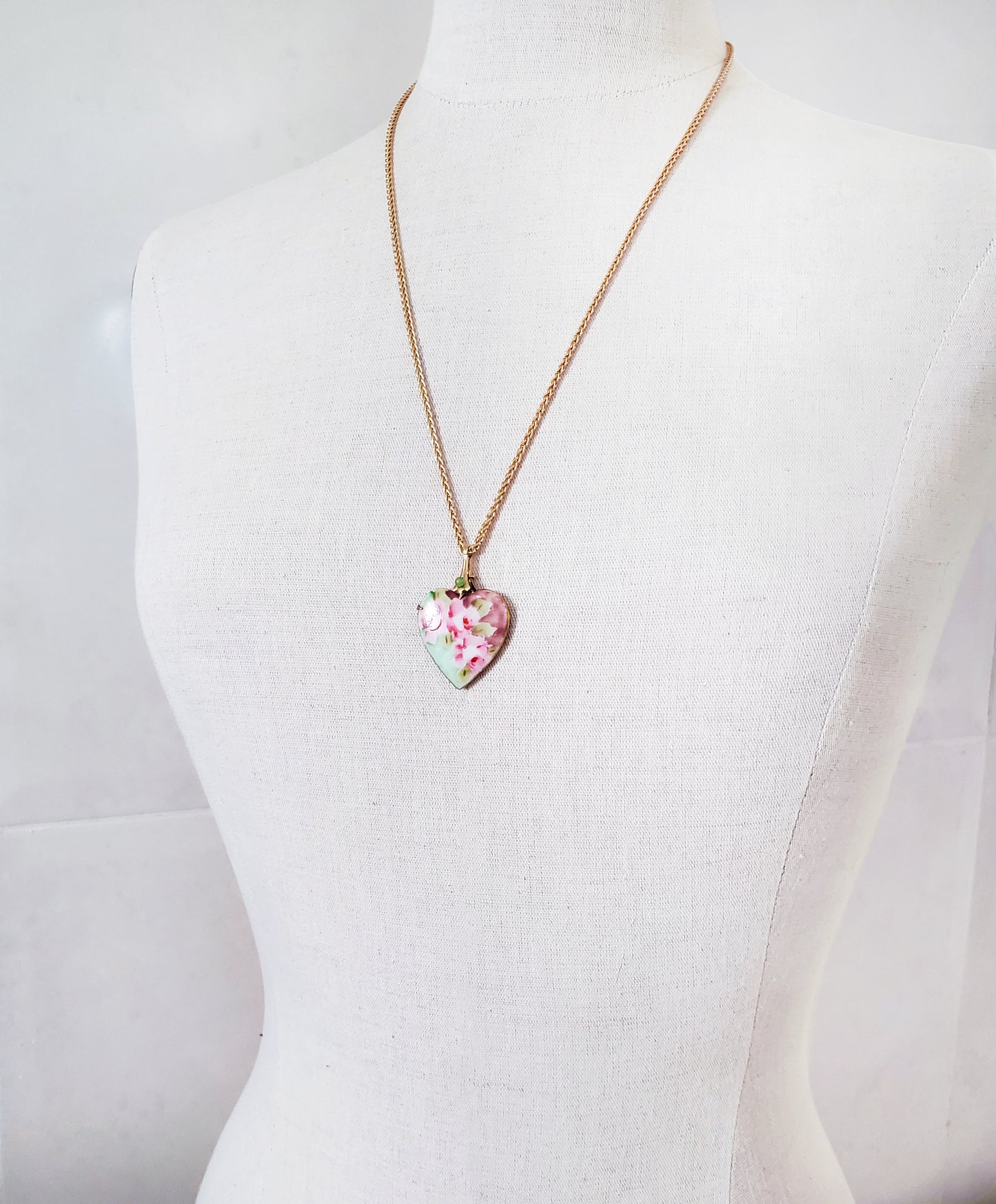 Antique Porcelain Roses Heart Pendant
