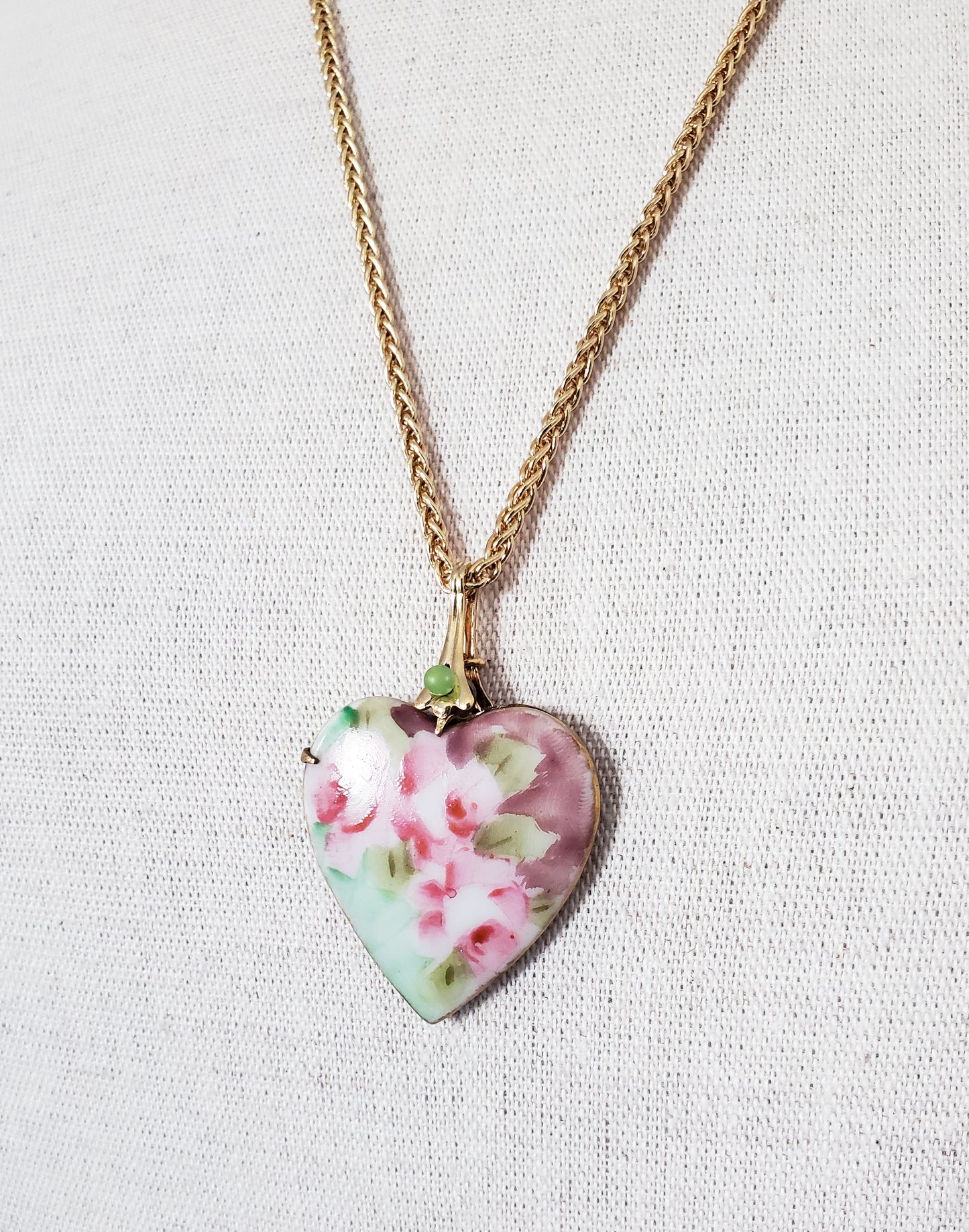 Antique Porcelain Roses Heart Pendant