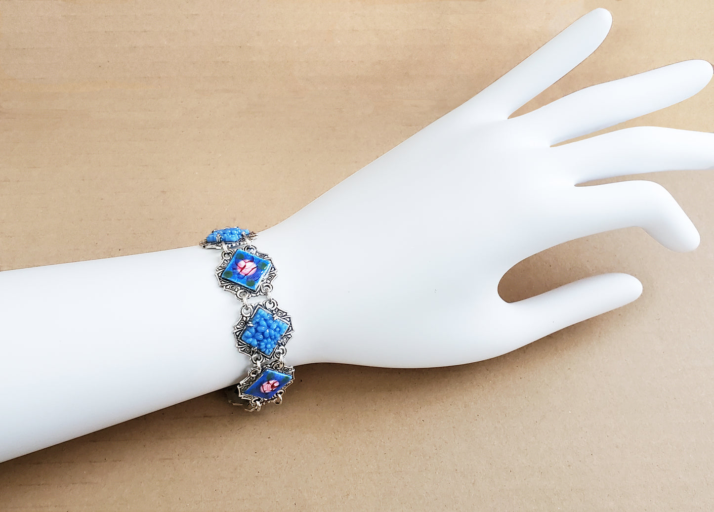 Blue Flowers and Guilloche Bracelet