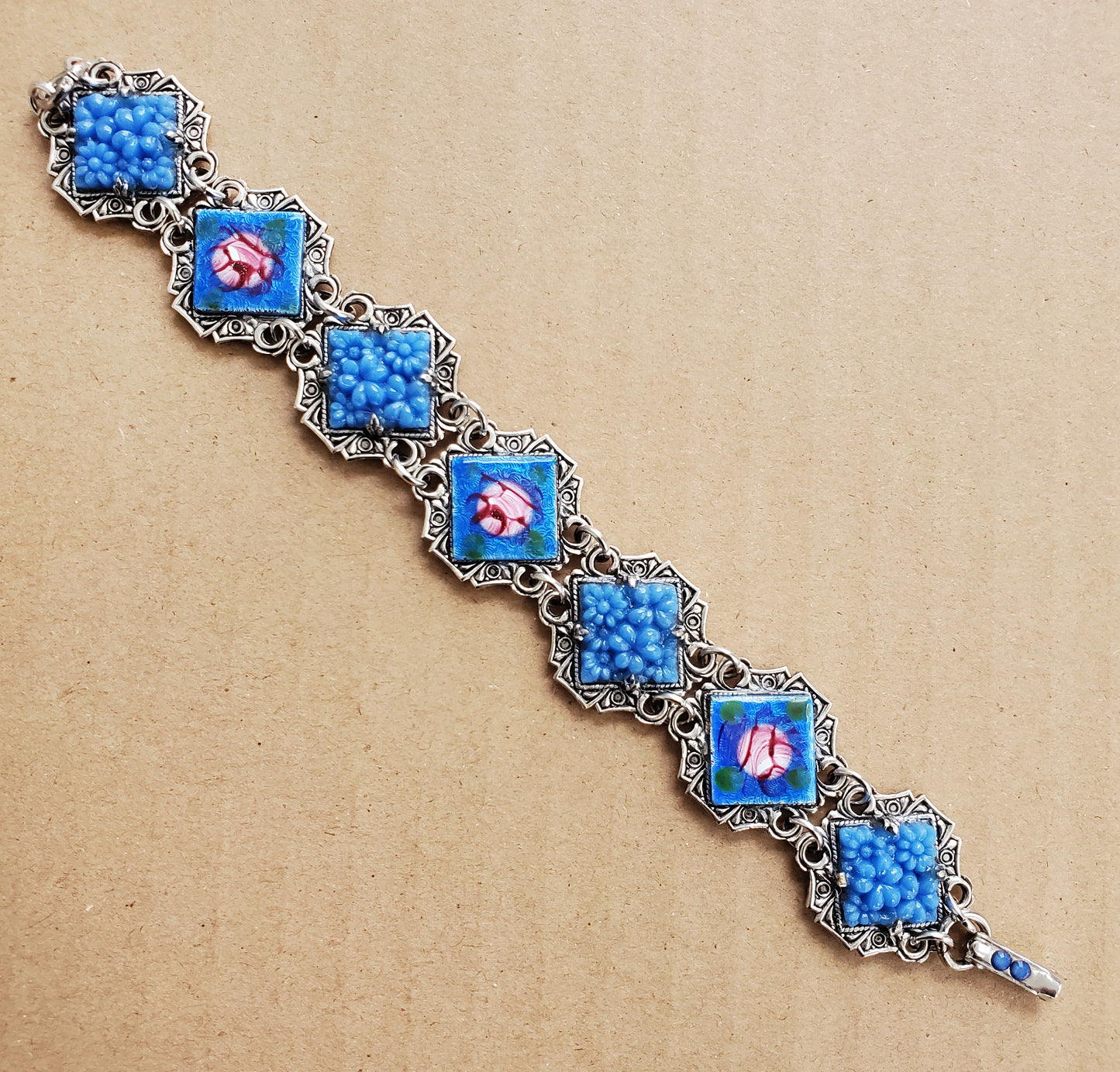 Blue Flowers and Guilloche Bracelet