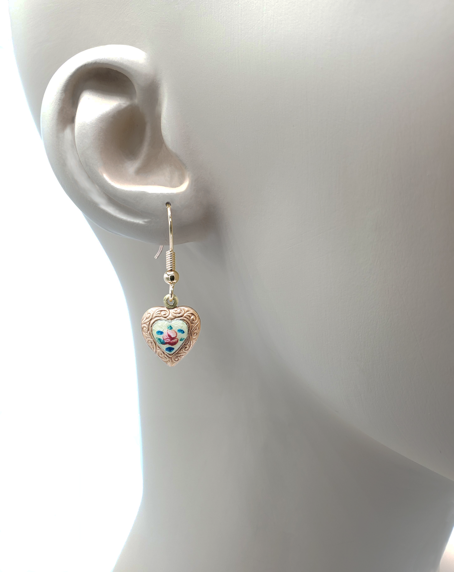 Guilloche and Red Brass Heart Earrings - French Wires