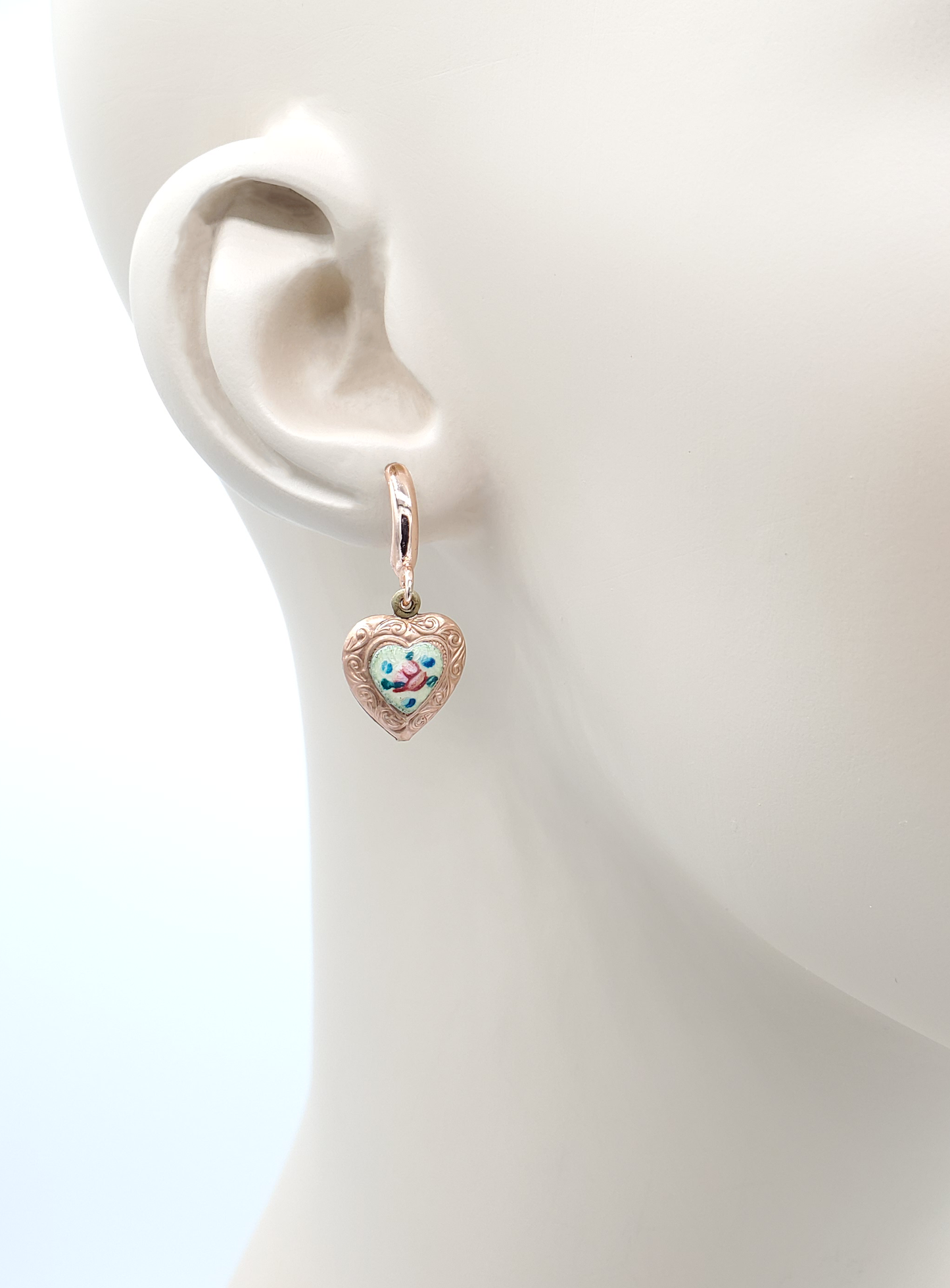 Guilloche and Red Brass Heart Earrings - Huggie Wires