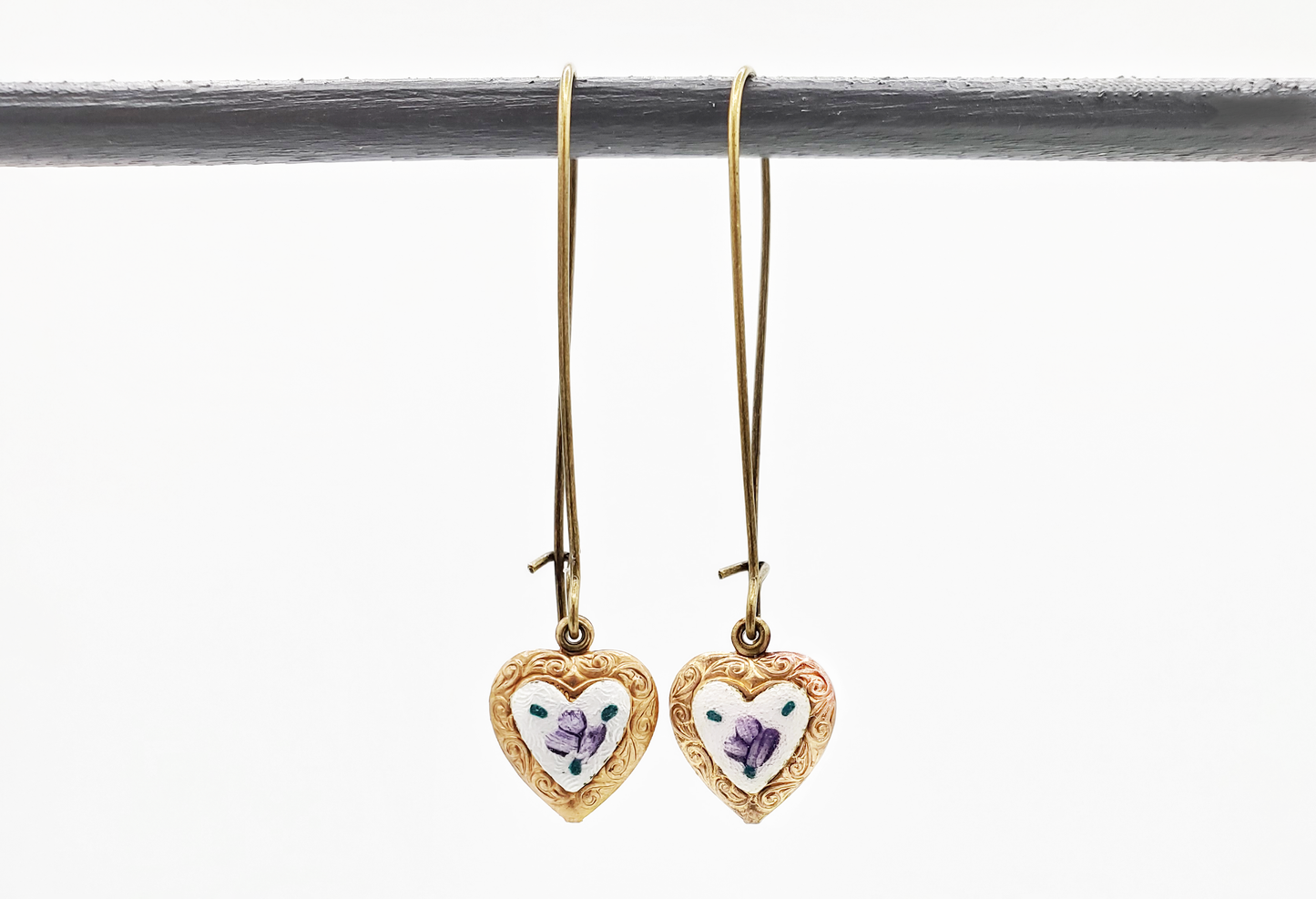Purple Rose Guilloche & Brass Heart Earrings