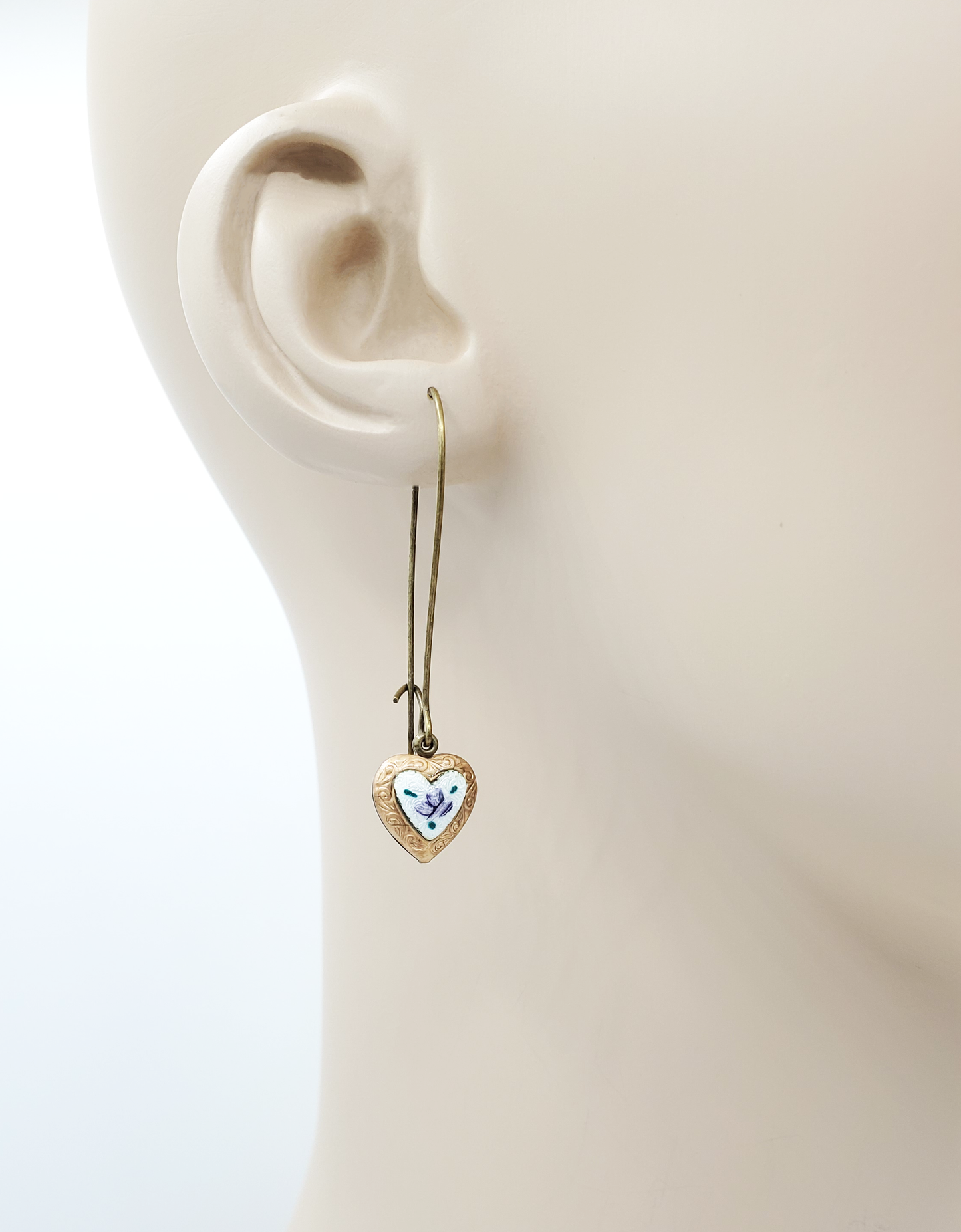Purple Rose Guilloche & Brass Heart Earrings