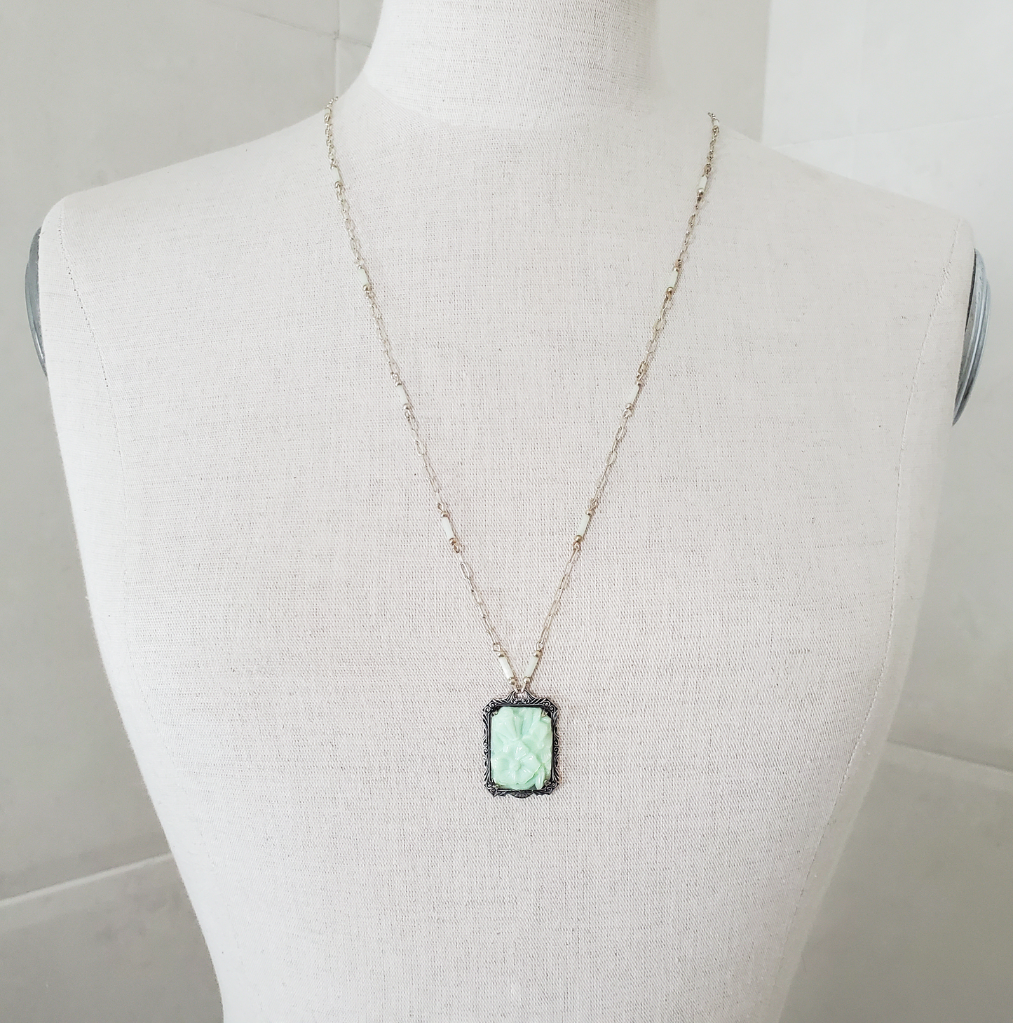 Mint Floral and Antique Silver Pendant