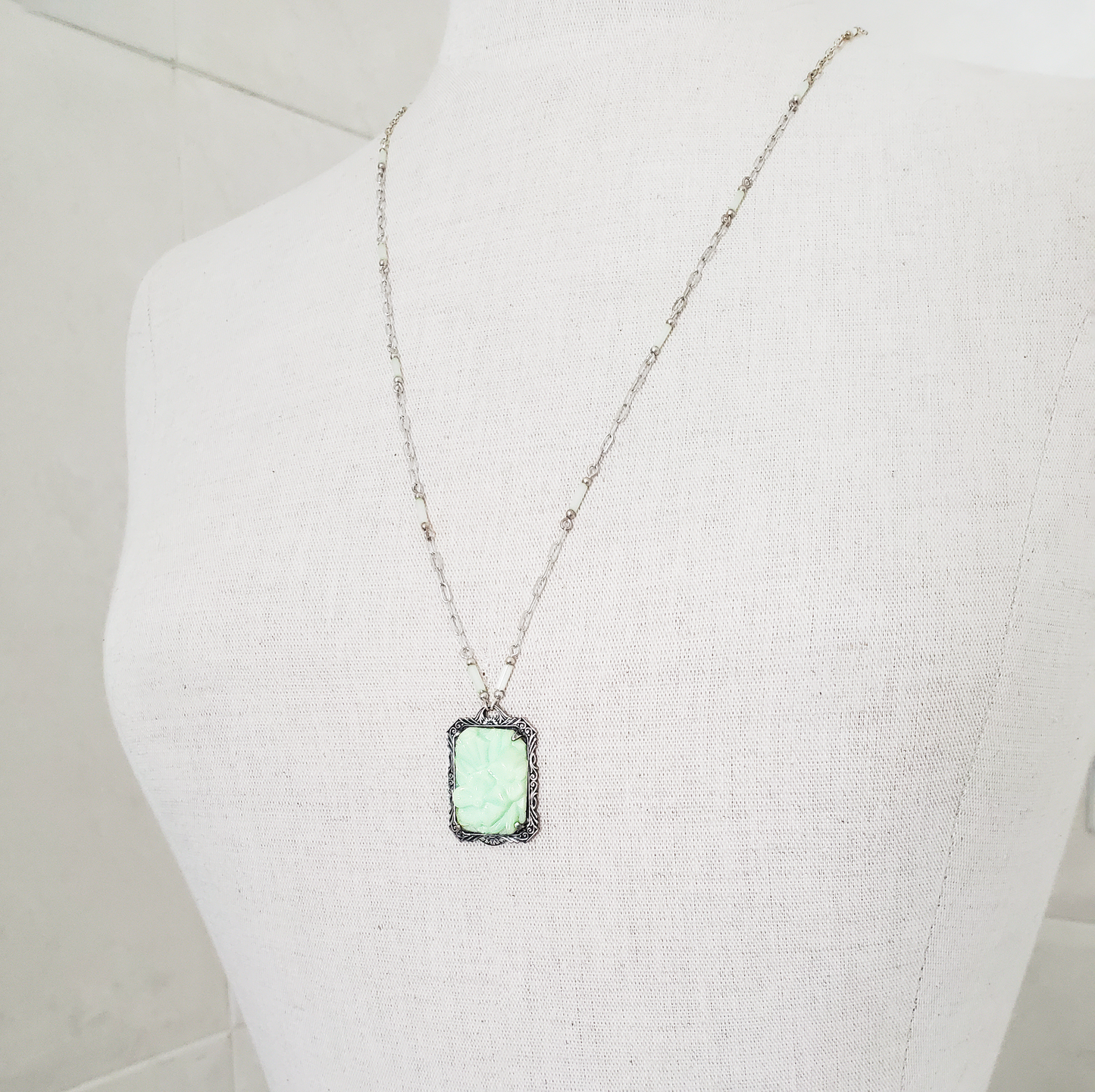 Mint Floral and Antique Silver Pendant