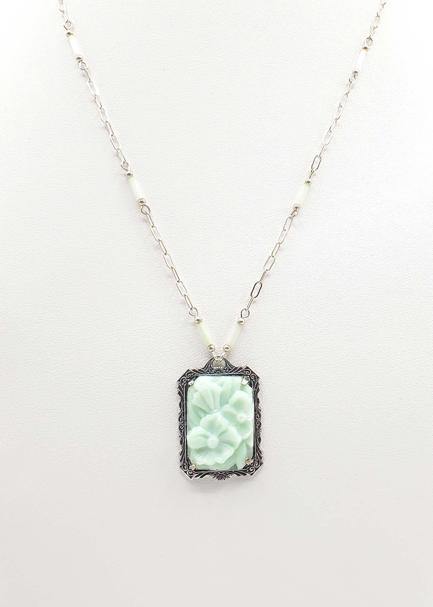 Mint Floral and Antique Silver Pendant