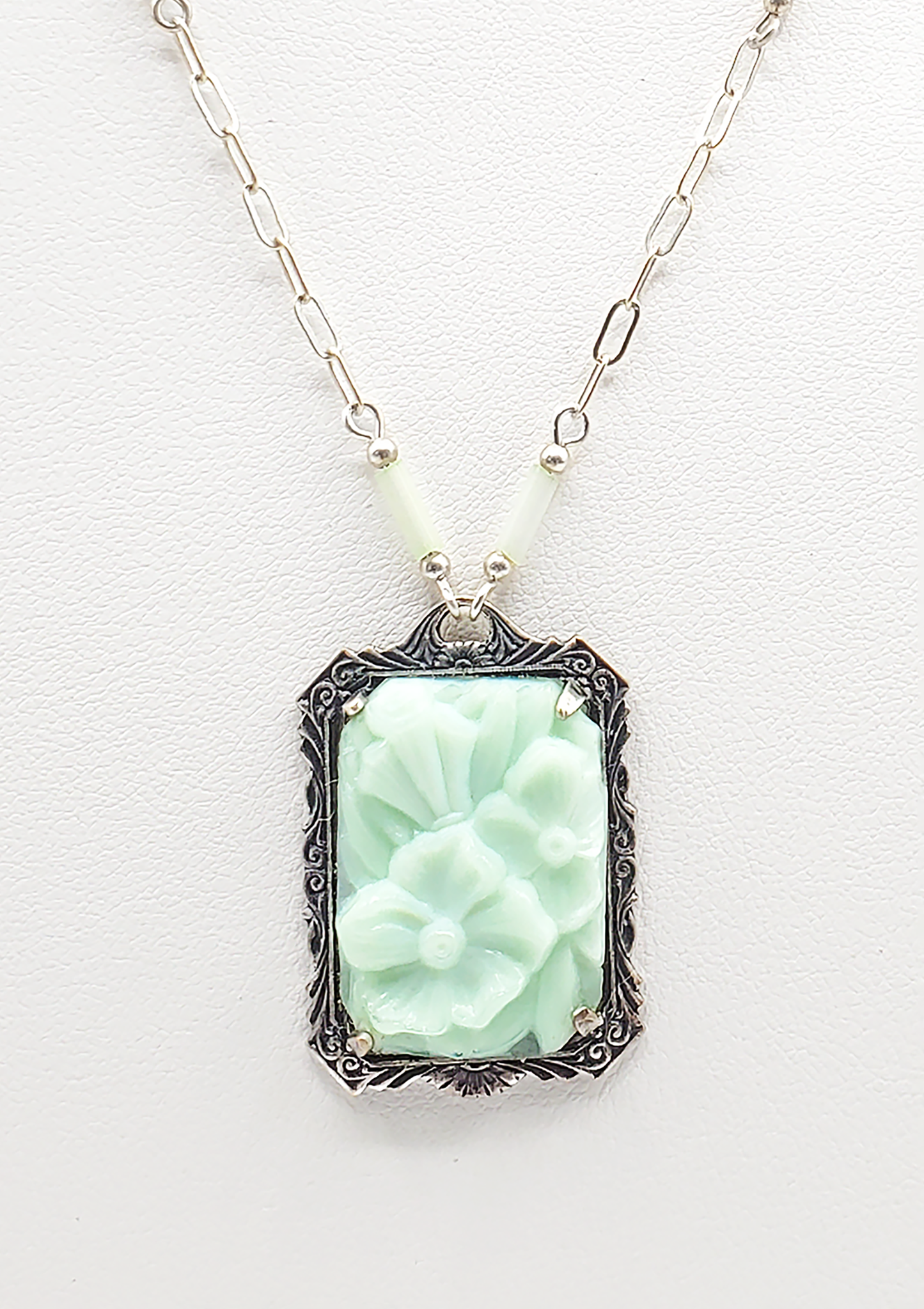 Mint Floral and Antique Silver Pendant