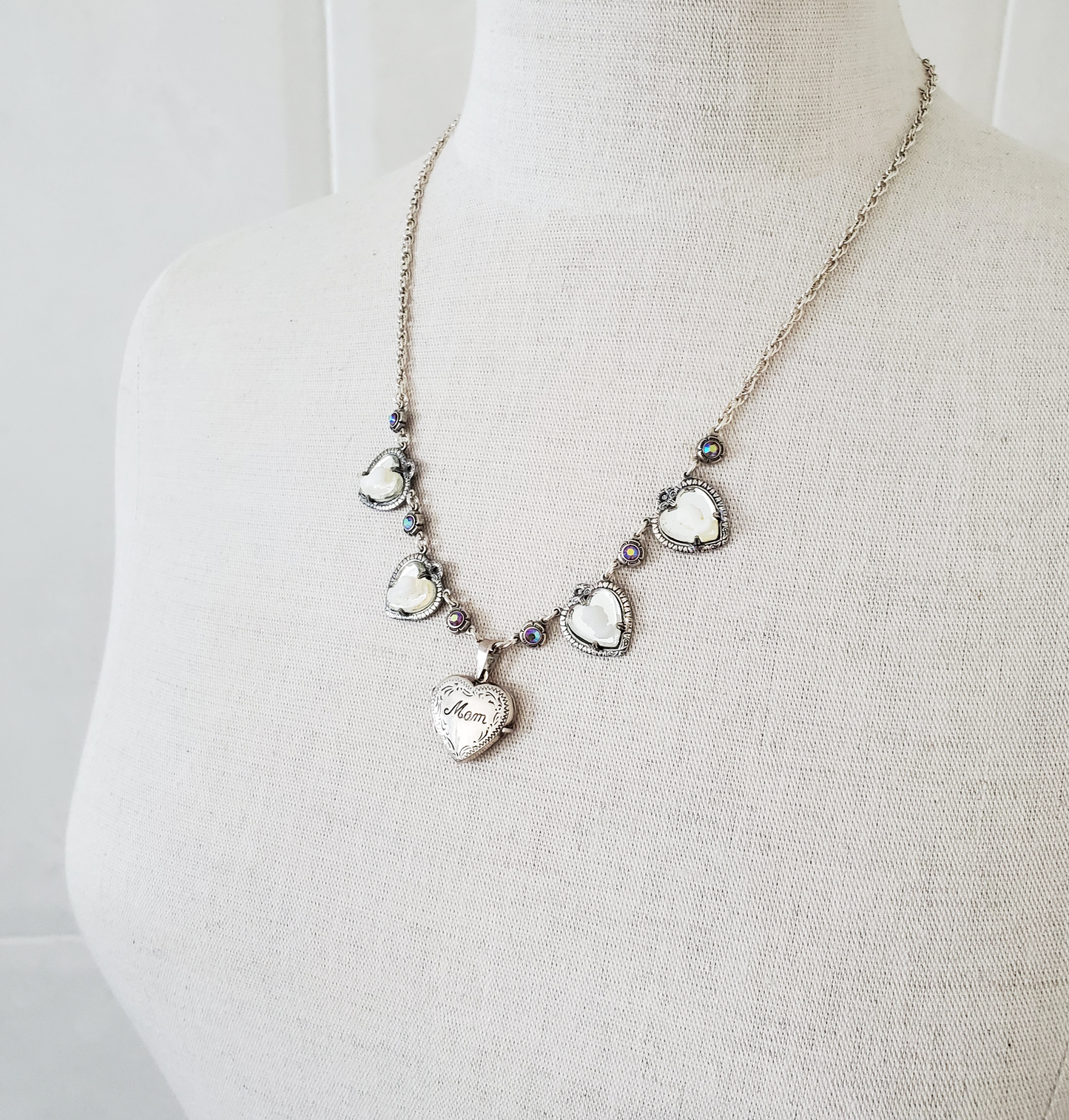 Sterling "Mom" Heart Locket and Heart Cameo Necklace