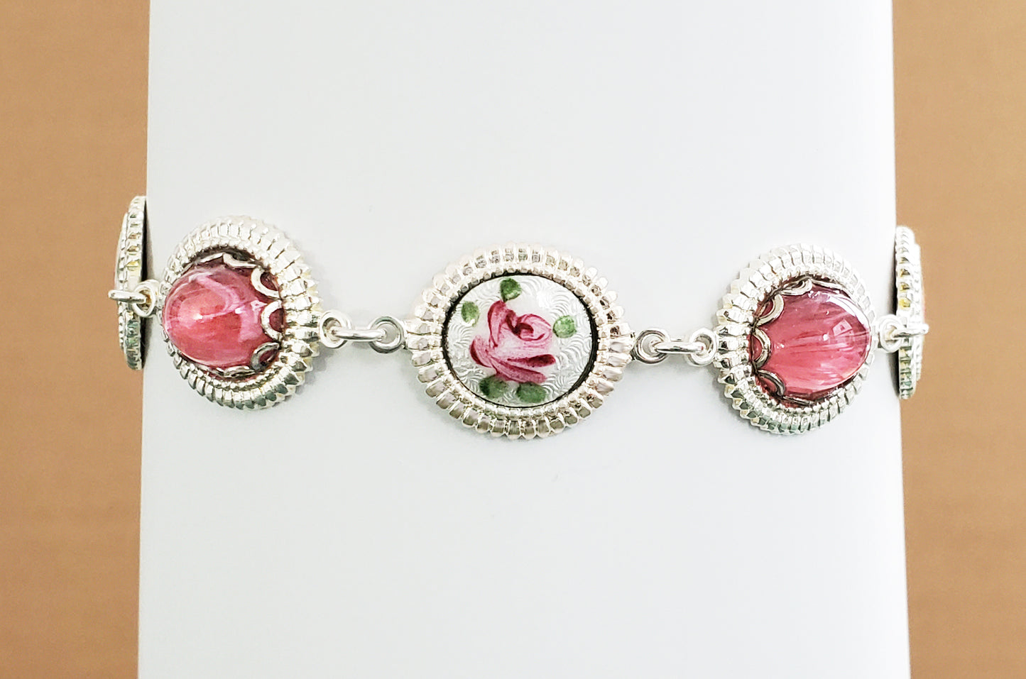 Rose Pink Guilloche Silver Bracelet