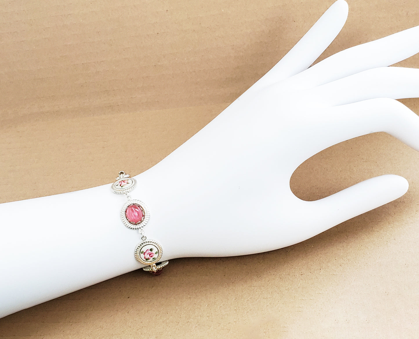 Rose Pink Guilloche Silver Bracelet