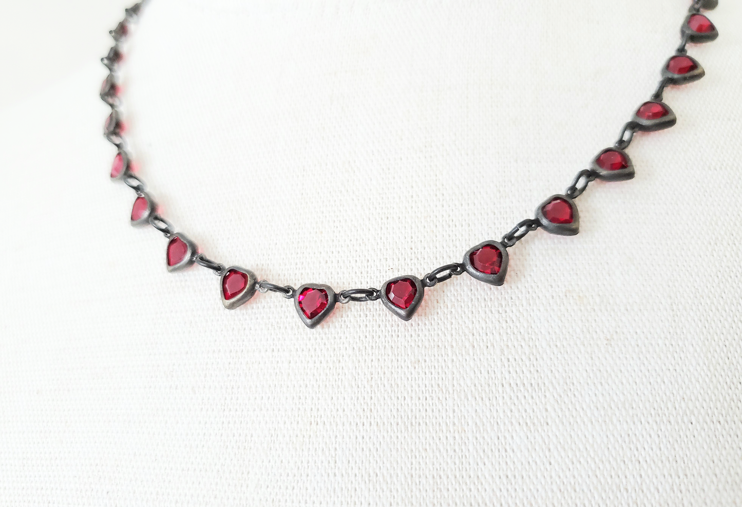 Garnet Red and Black Brass Hearts Necklace