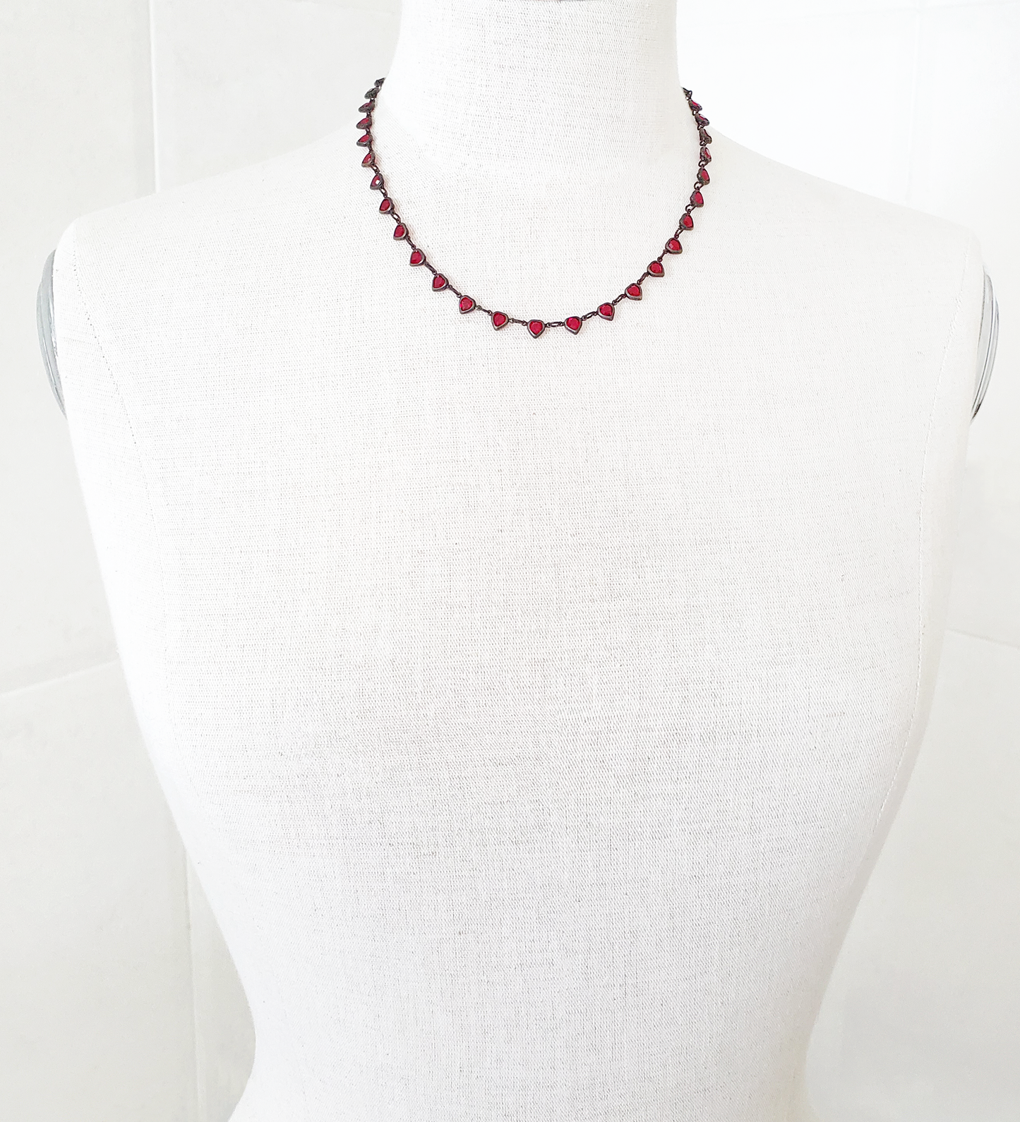 Garnet Red and Black Brass Hearts Necklace