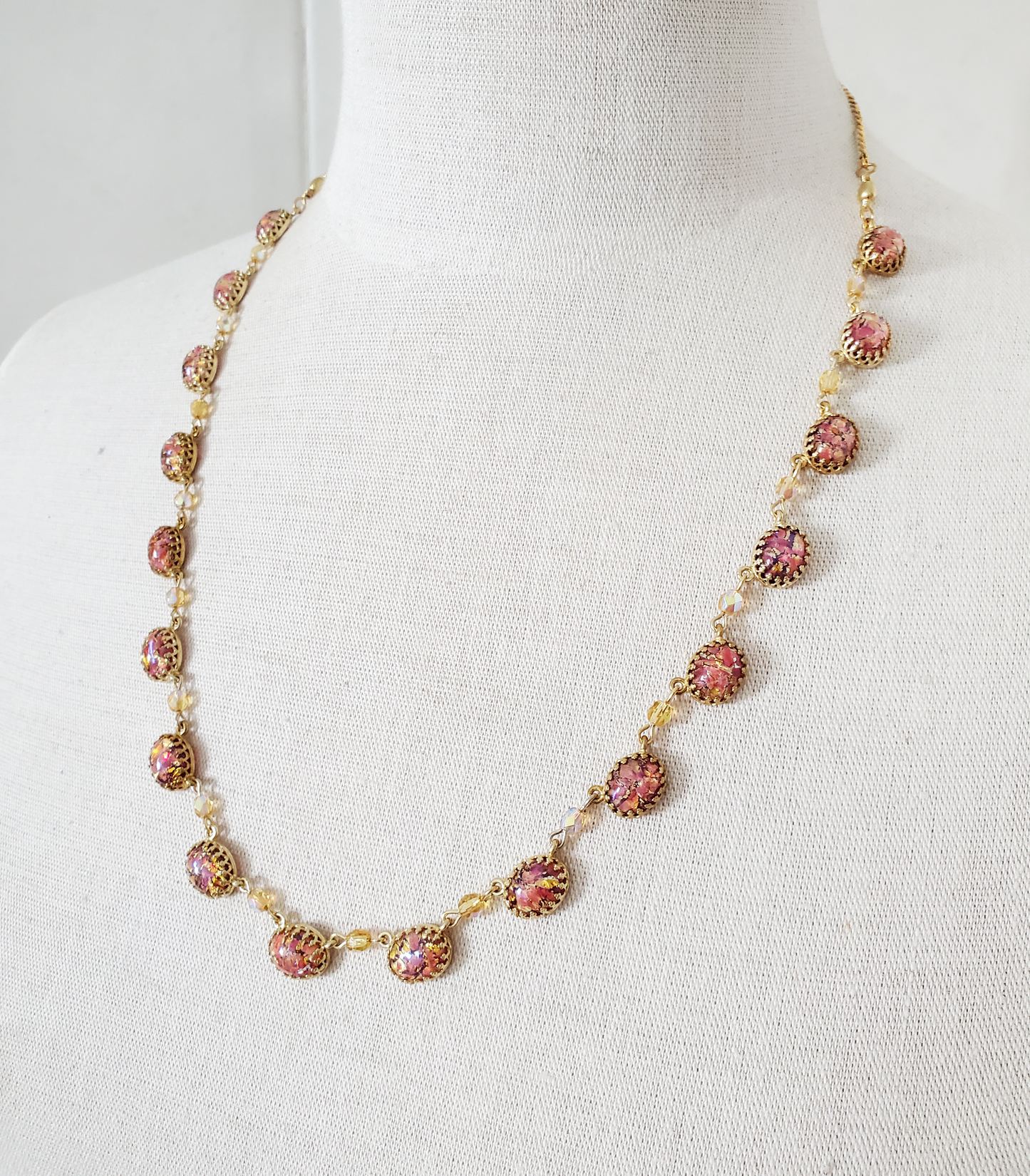 Czech Glass Ruby Pink Fire Opal Necklace