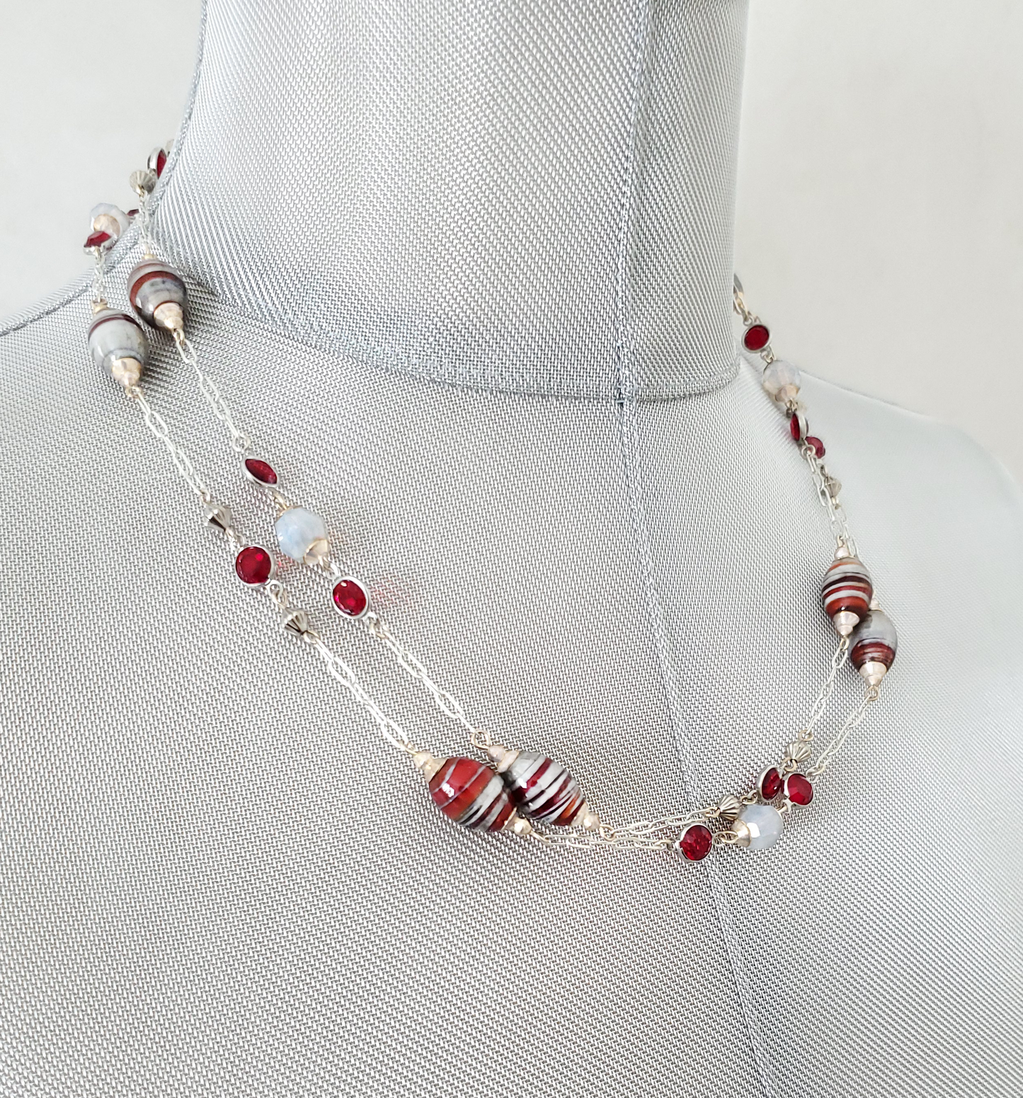 Scarlet & Silver Gray Stripey Station Necklace