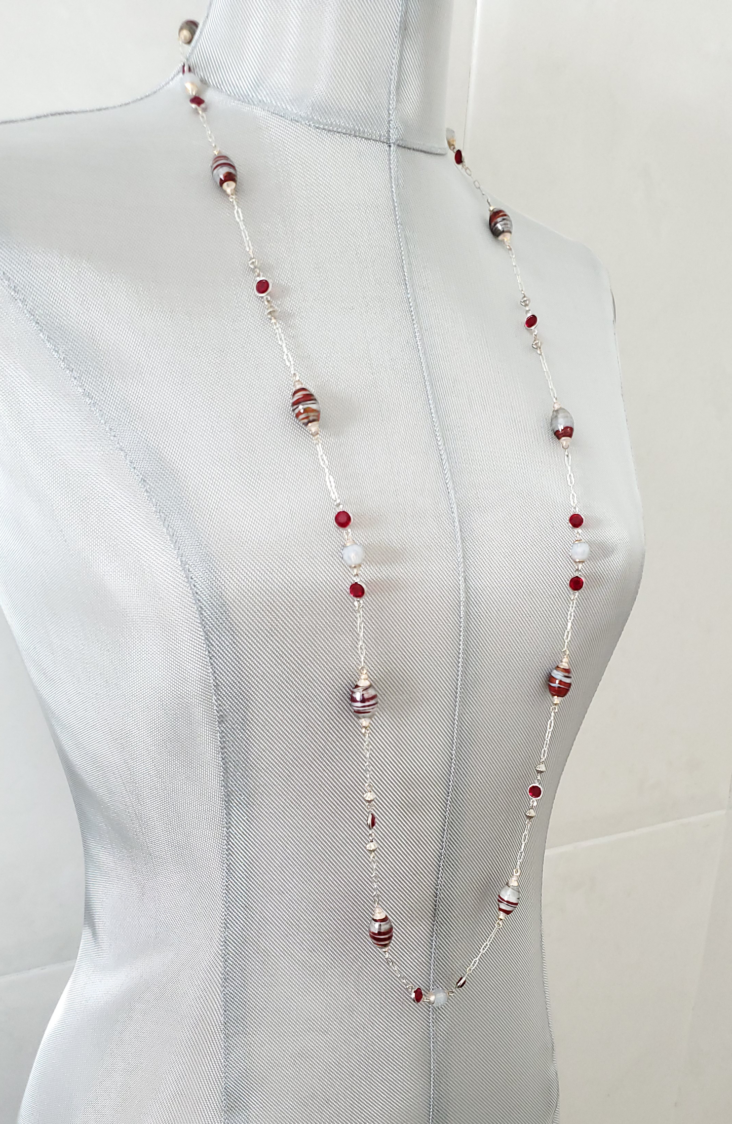Scarlet & Silver Gray Stripey Station Necklace