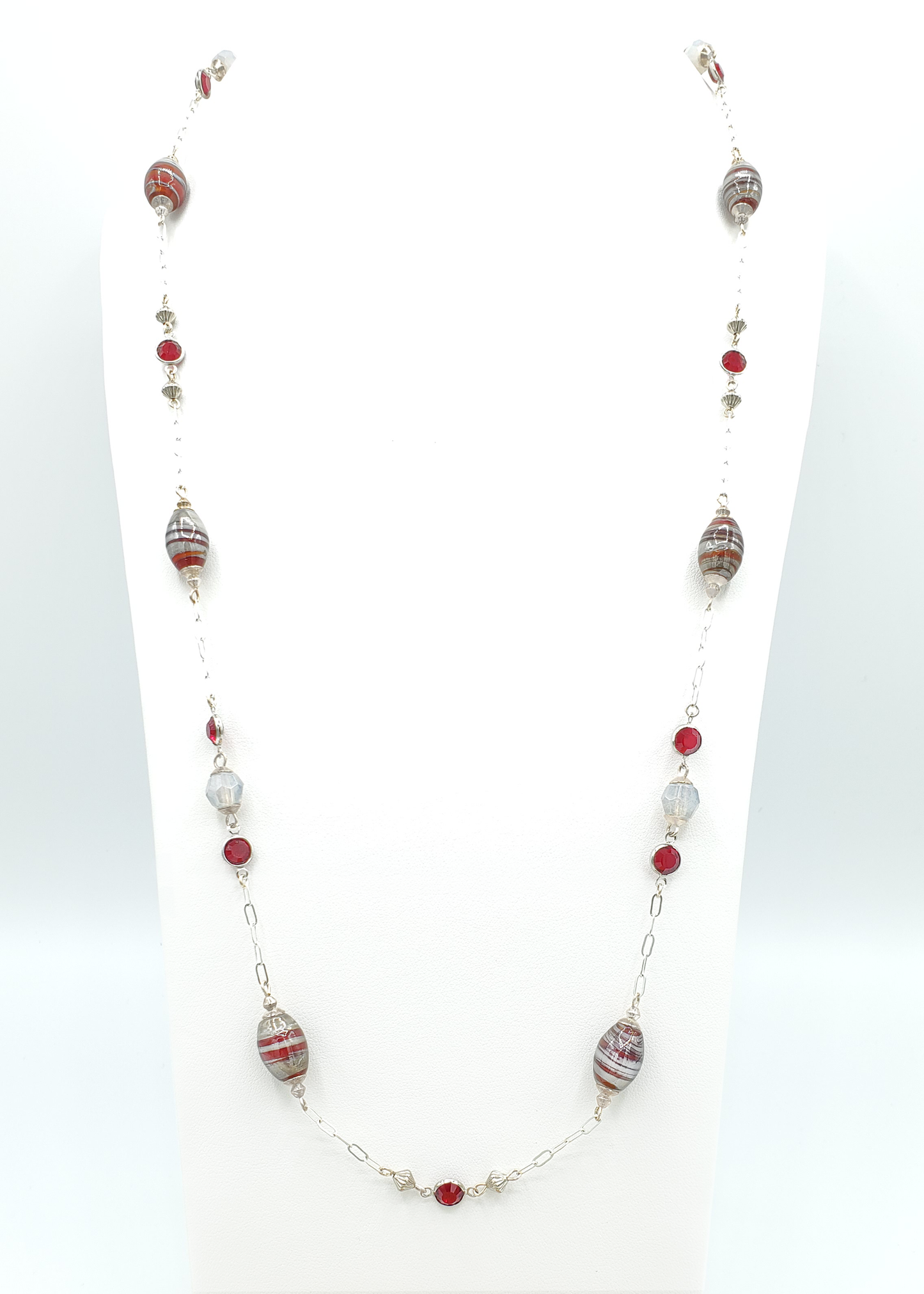 Scarlet & Silver Gray Stripey Station Necklace