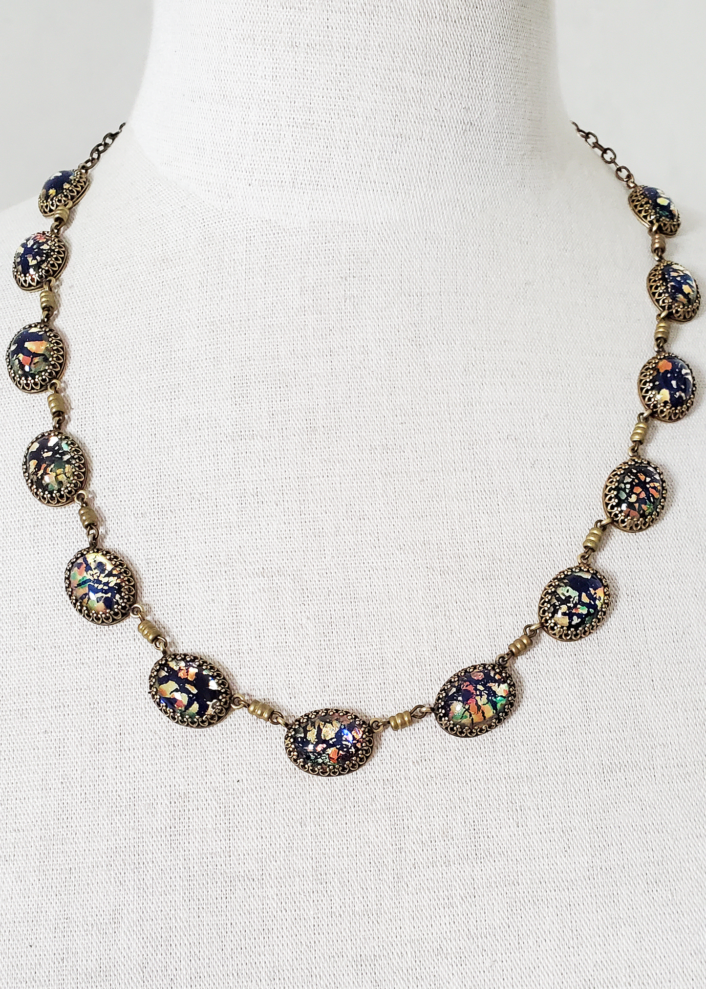 Czech Glass Black Fire Opal Crown Necklace