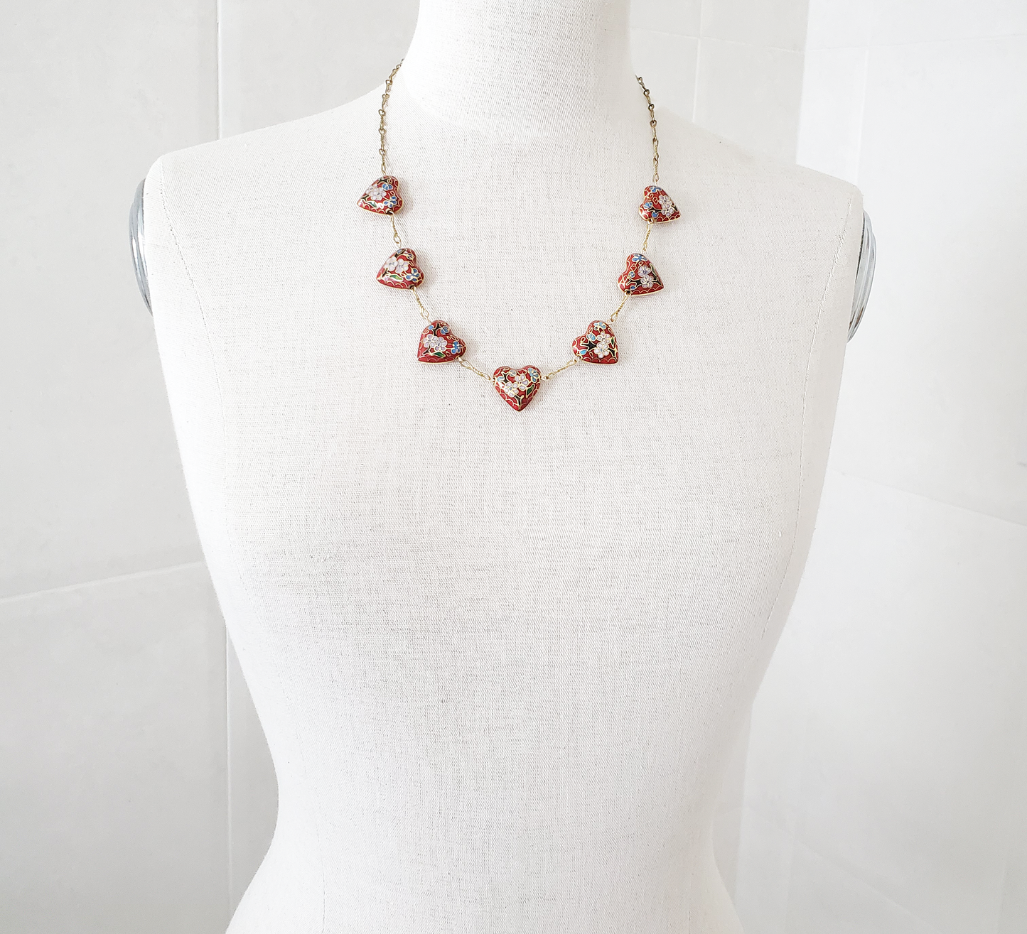 Cloisonne Red Hearts Necklace