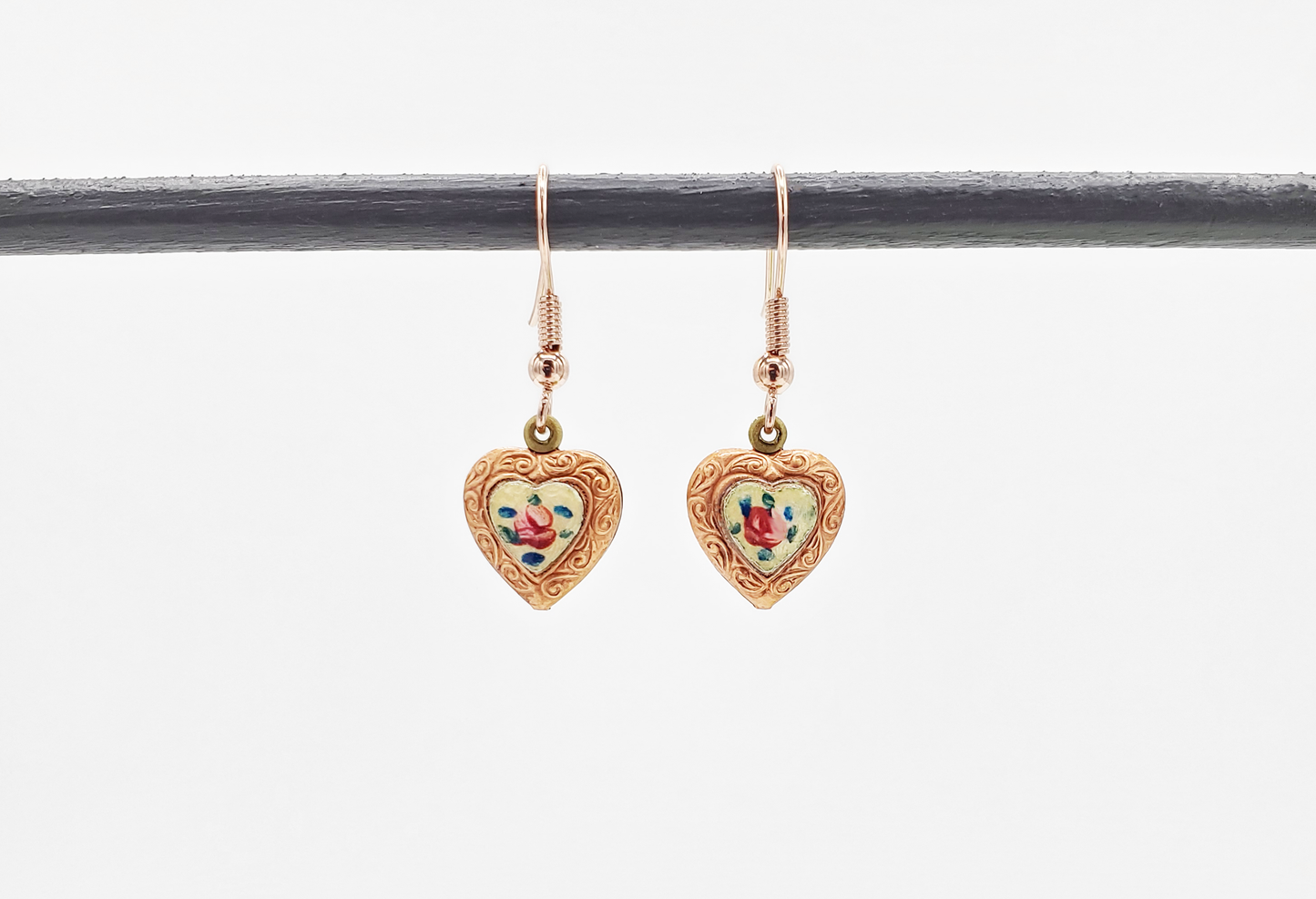 Guilloche and Red Brass Heart Earrings - French Wires