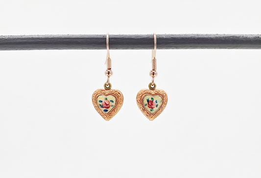 Guilloche and Red Brass Heart Earrings - French Wires
