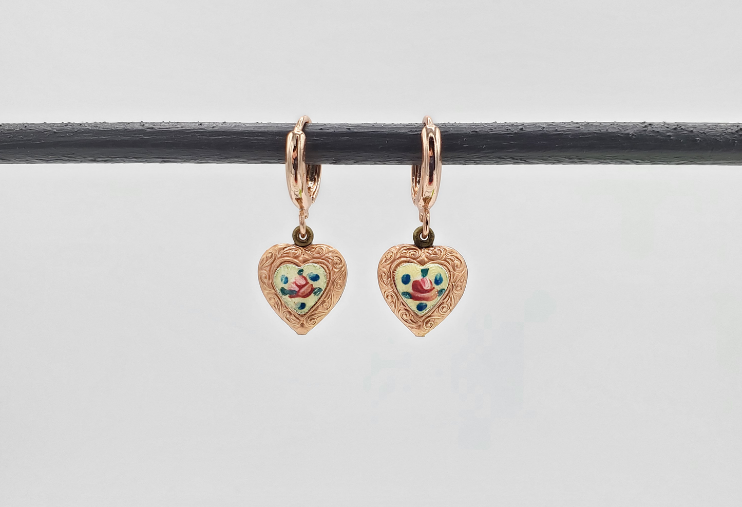 Guilloche and Red Brass Heart Earrings - Huggie Wires