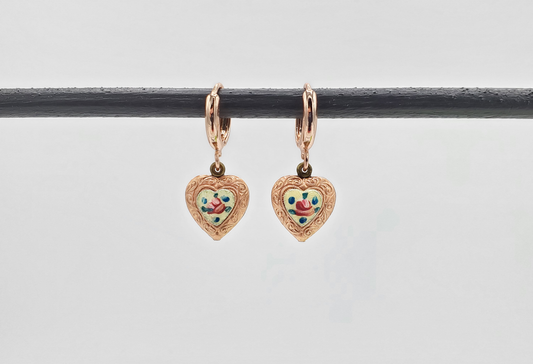 Guilloche and Red Brass Heart Earrings - Huggie Wires