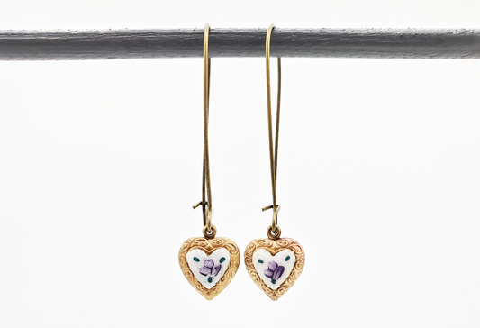 Purple Rose Guilloche & Brass Heart Earrings
