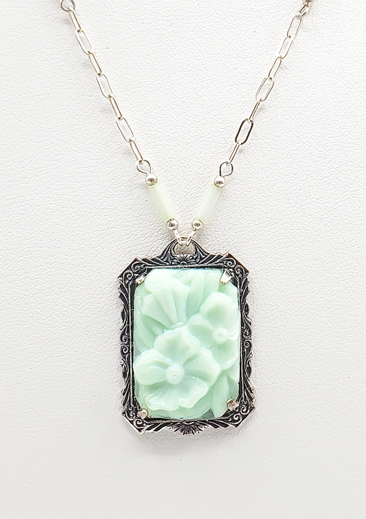 Mint Floral and Antique Silver Pendant