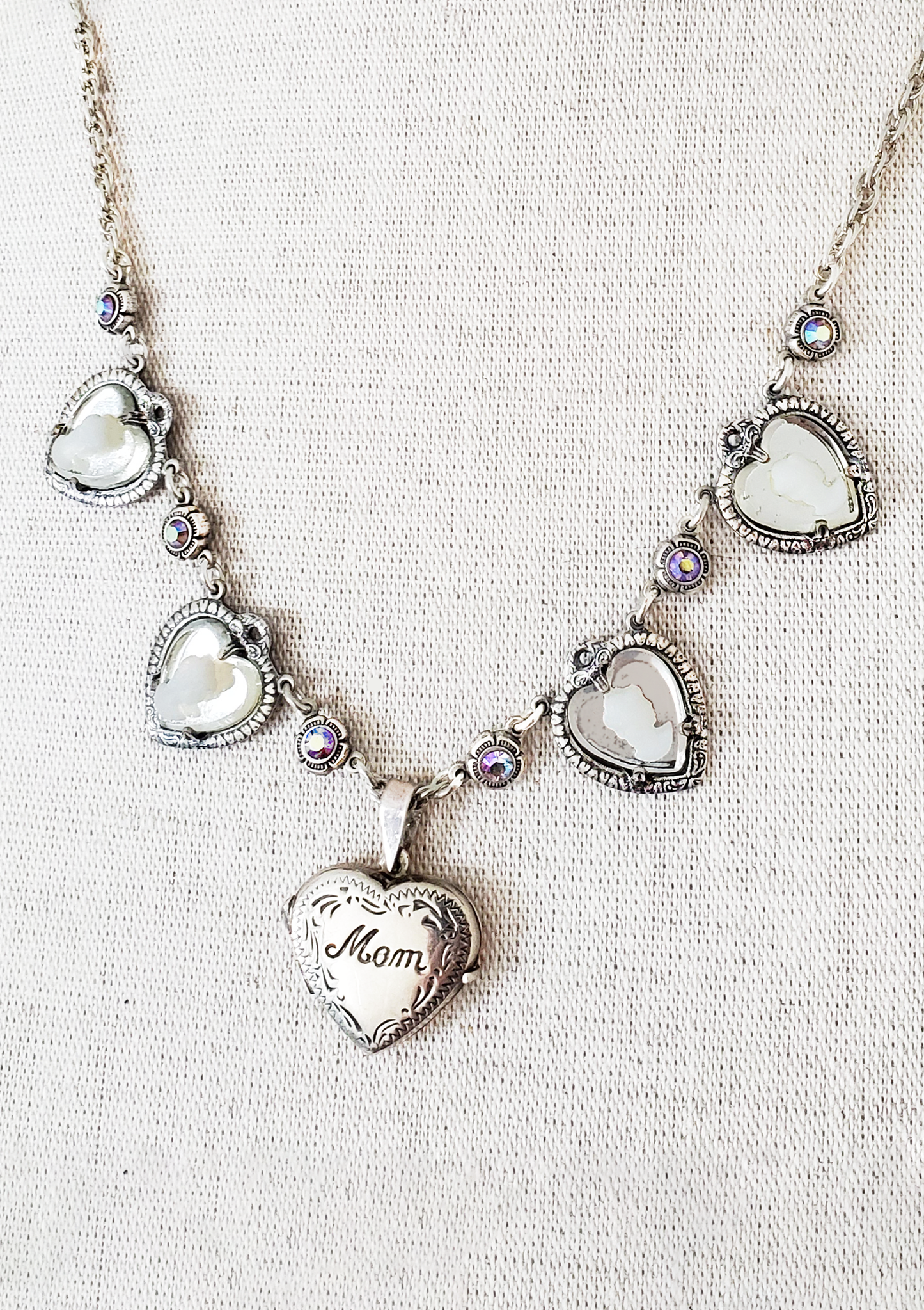 Sterling "Mom" Heart Locket and Heart Cameo Necklace