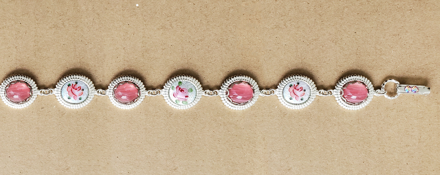 Rose Pink Guilloche Silver Bracelet
