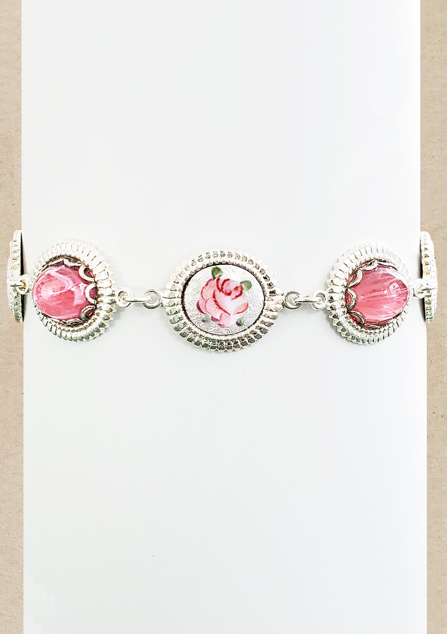 Rose Pink Guilloche Silver Bracelet