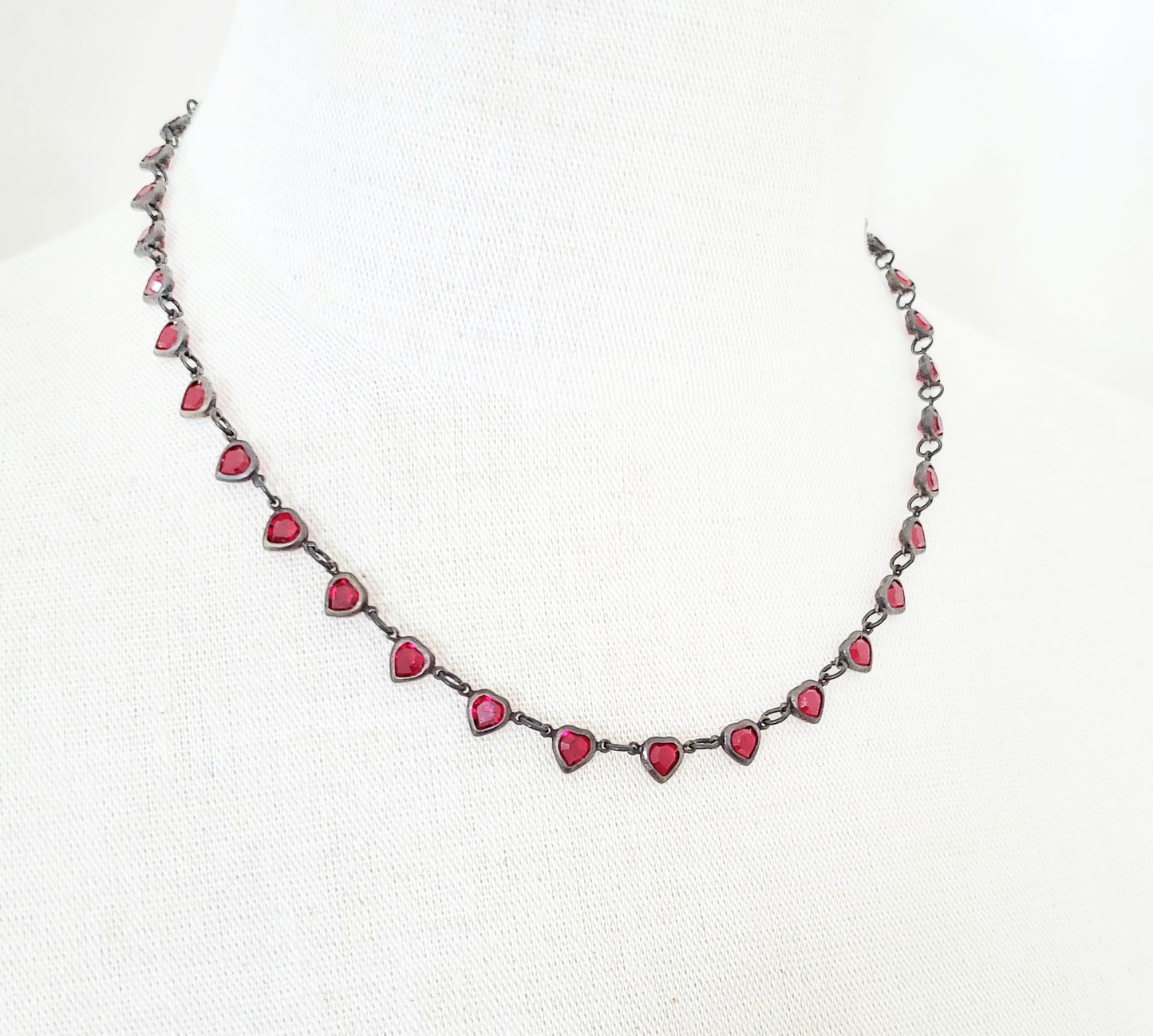 Garnet Red and Black Brass Hearts Necklace