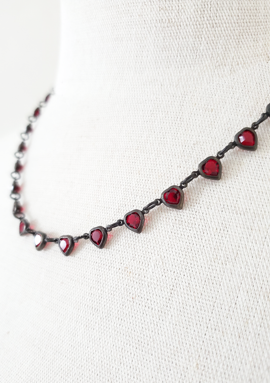 Garnet Red and Black Brass Hearts Necklace