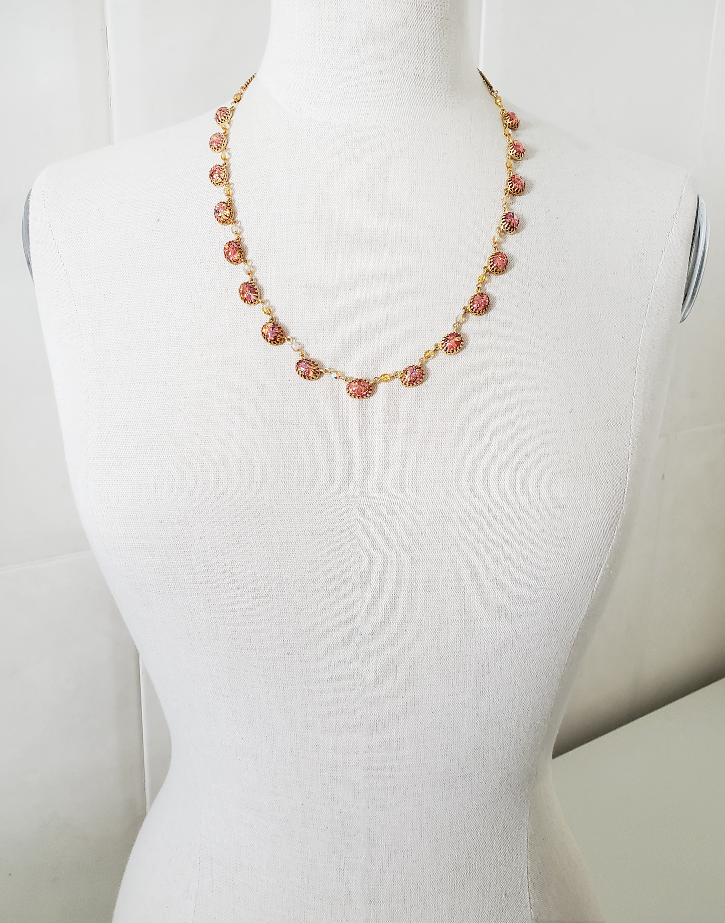 Czech Glass Ruby Pink Fire Opal Necklace
