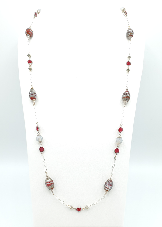 Scarlet & Silver Gray Stripey Station Necklace